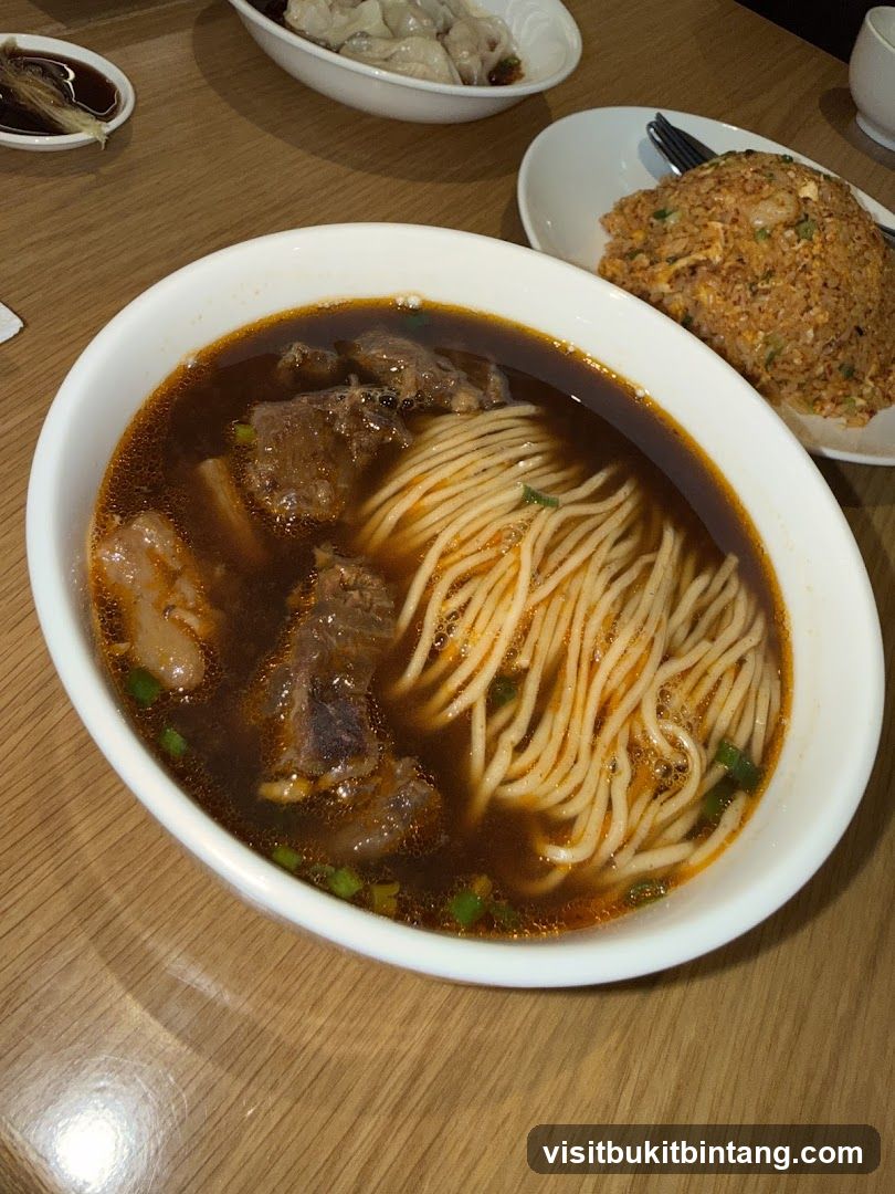 Beef noodle soup with fried rice and dumplings