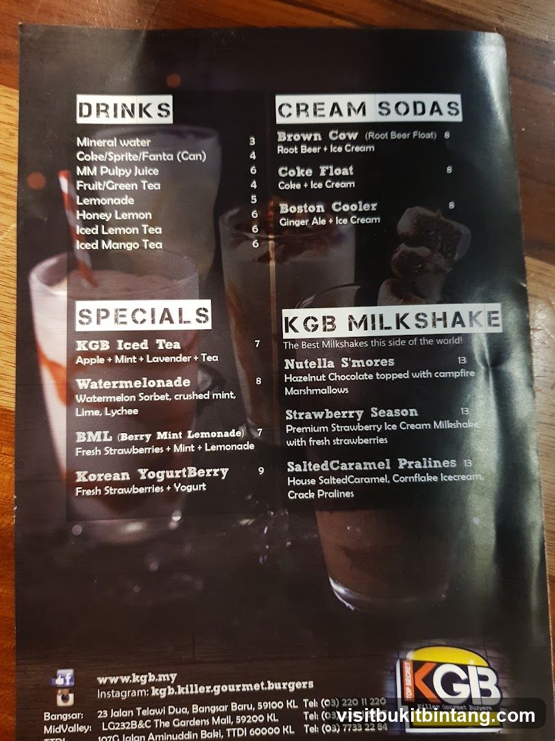 KGB Killer Gourmet Burgers Menu