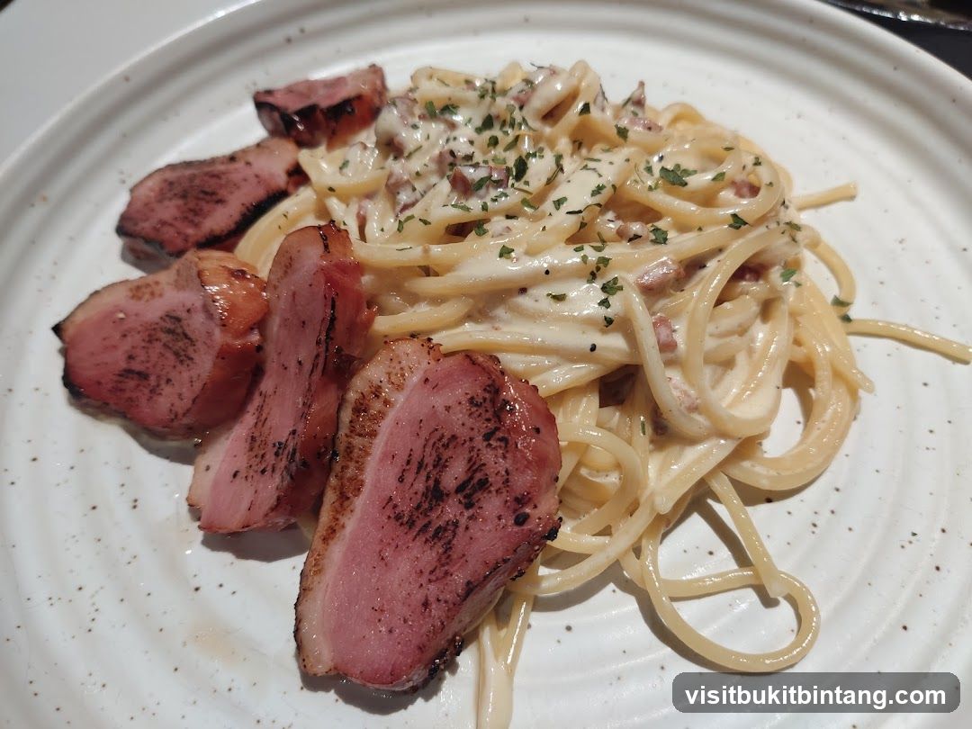 Spaghetti Carbonara with Sliced Duck Breast