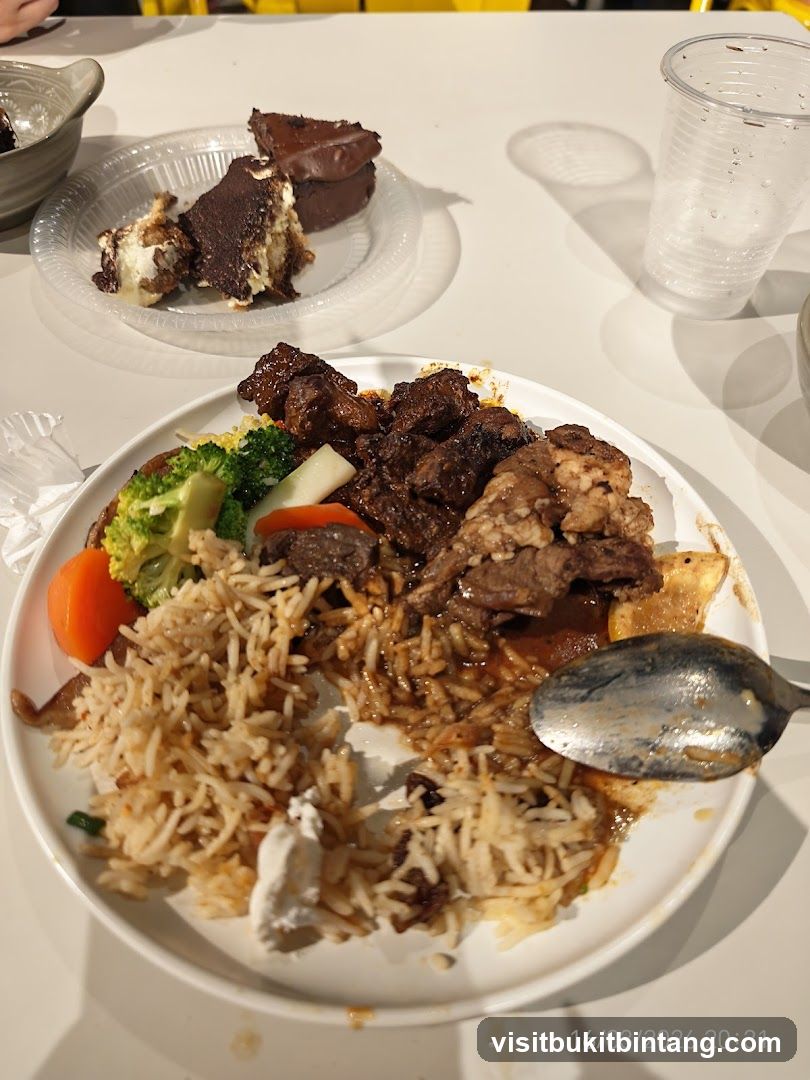 Meal with Rice, Meat, and Dessert