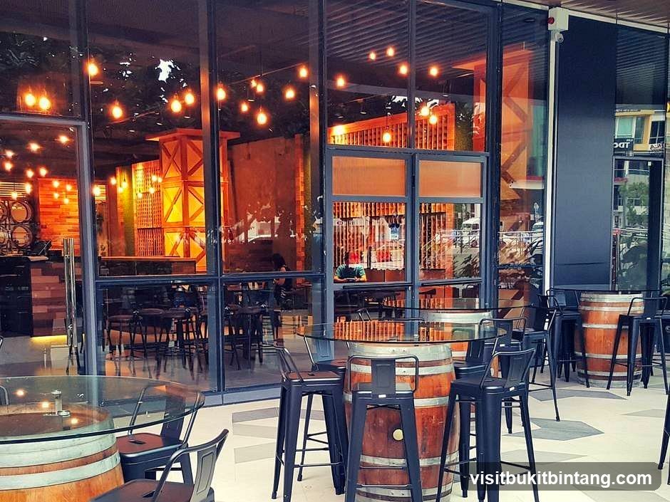 Outdoor seating area with barrel tables