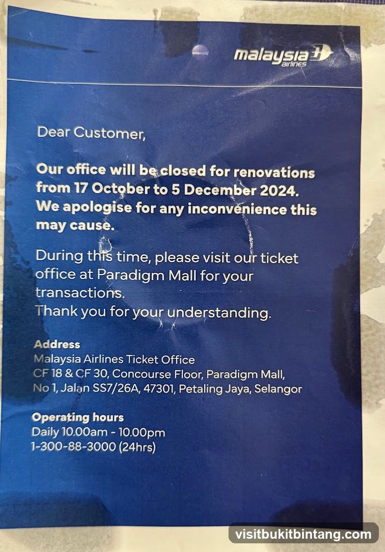 Malaysia Airlines Office Closure Notice