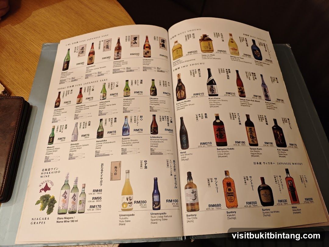 Japanese Sake, Shochu, and Whisky Menu