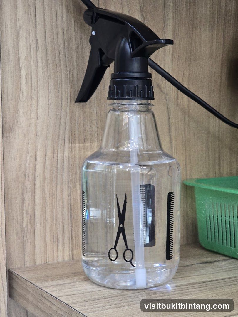 Spray bottle with scissors and comb graphic