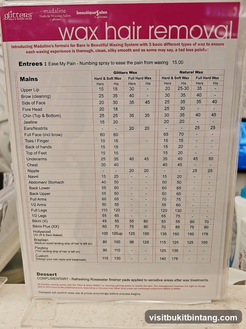 Wax Hair Removal Menu