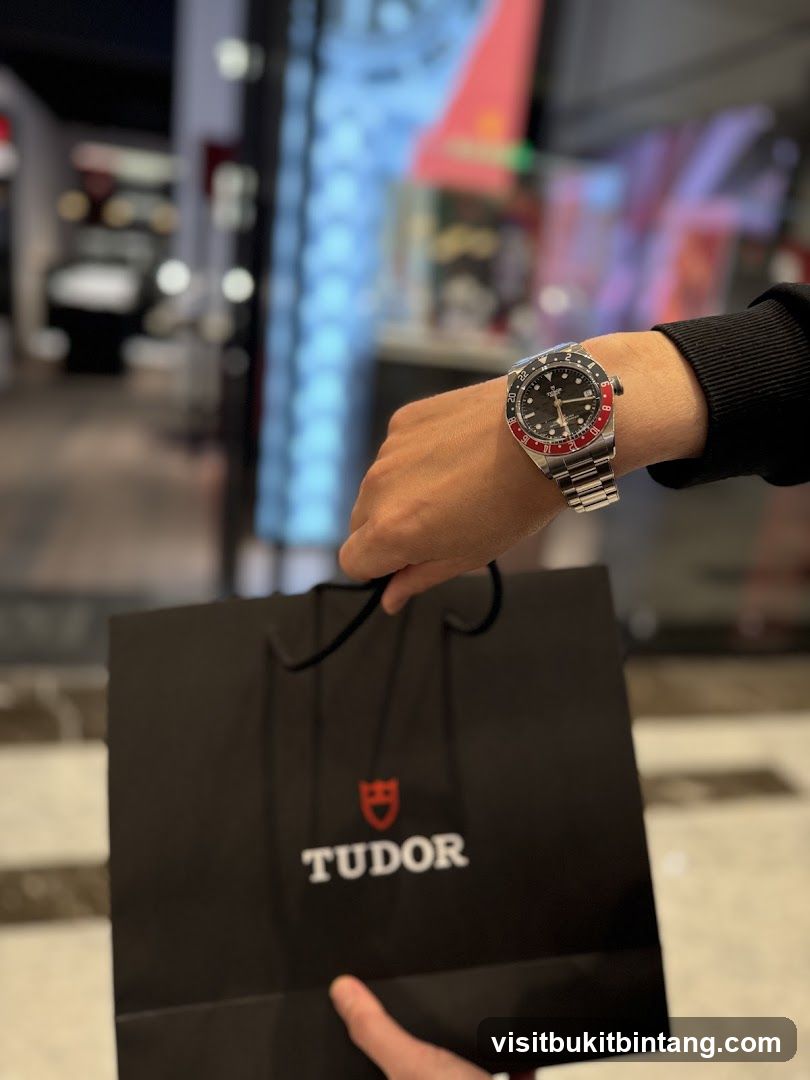 Person holding a Tudor shopping bag and wearing a Tudor watch