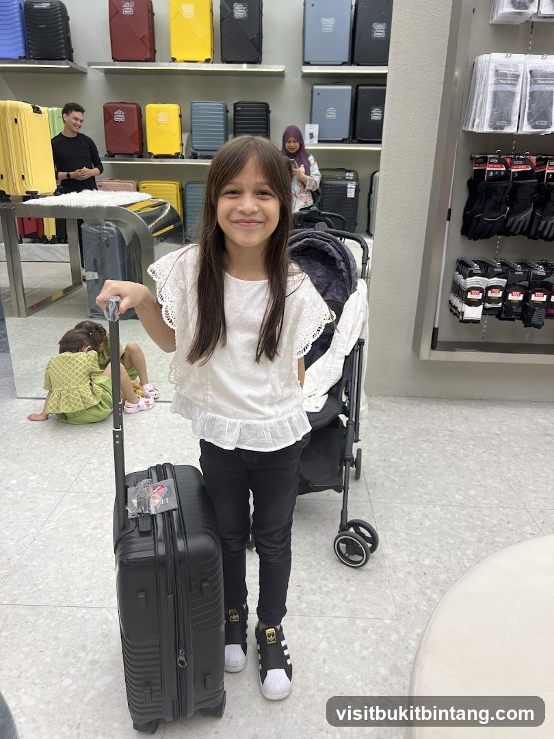 Girl with Suitcase in Luggage Store