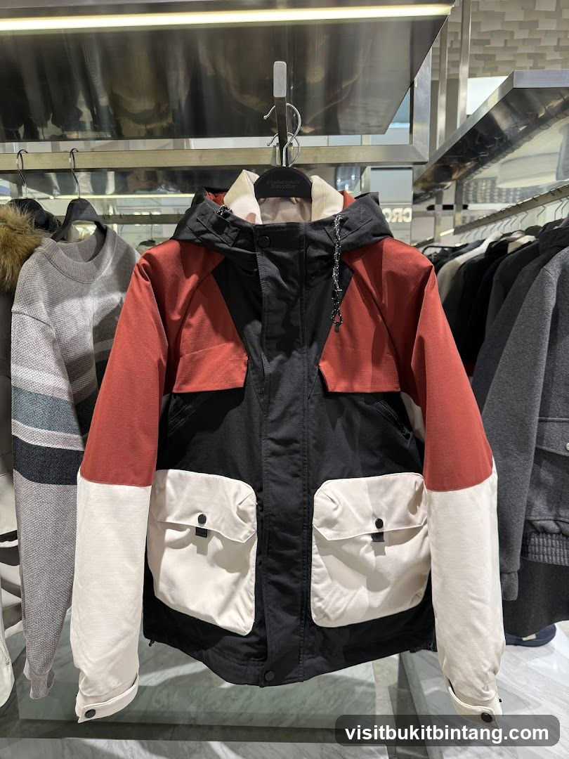 Color-blocked jacket on display