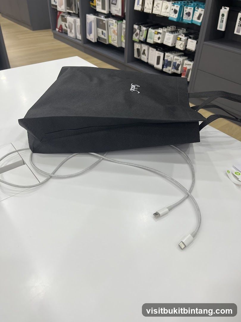 Black tote bag with white logo and charging cables on a white surface
