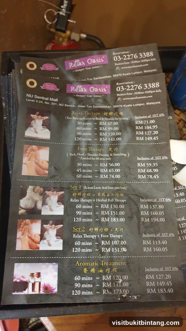 Relax Oasis Menu