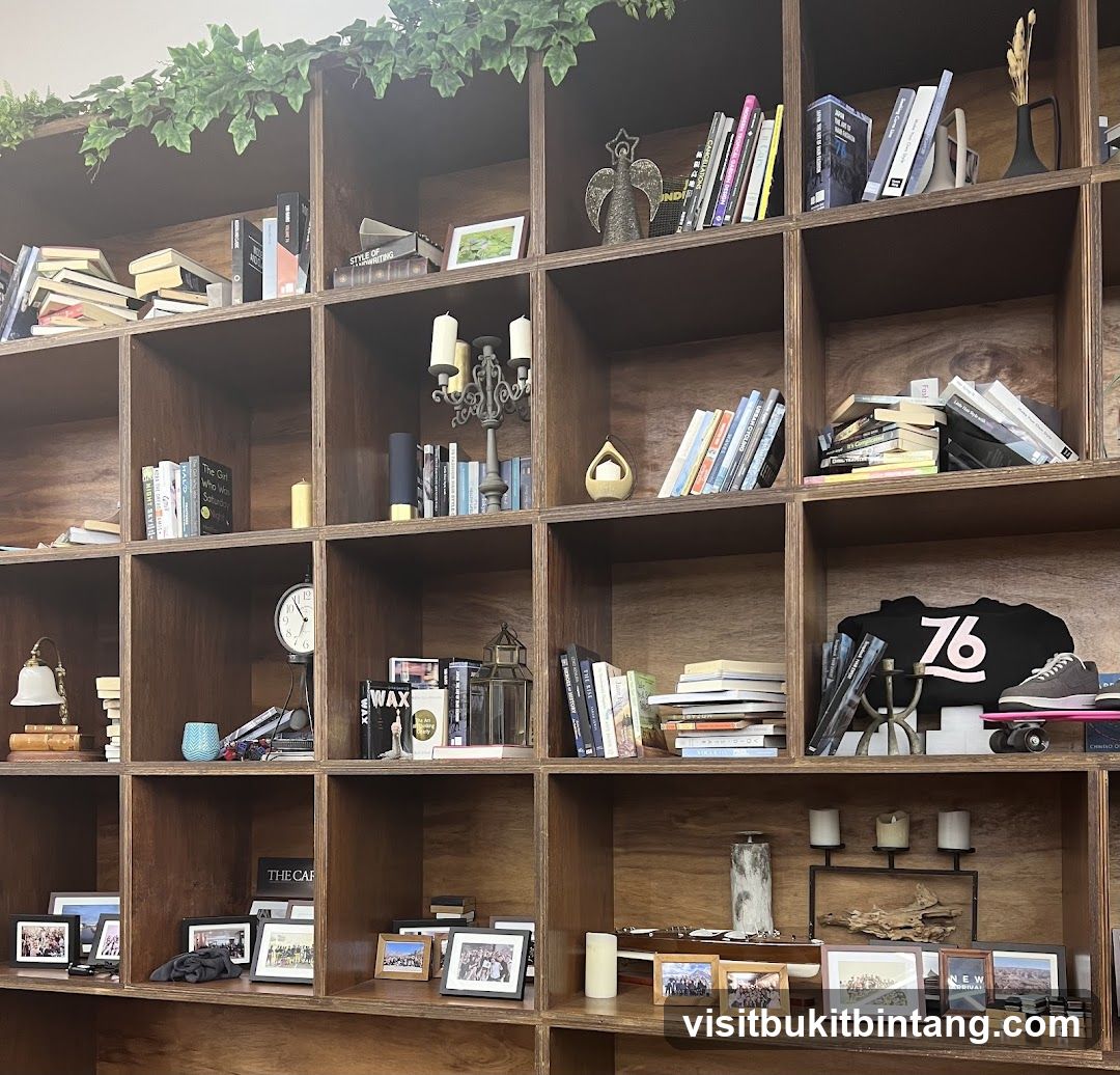 Bookshelf with various items
