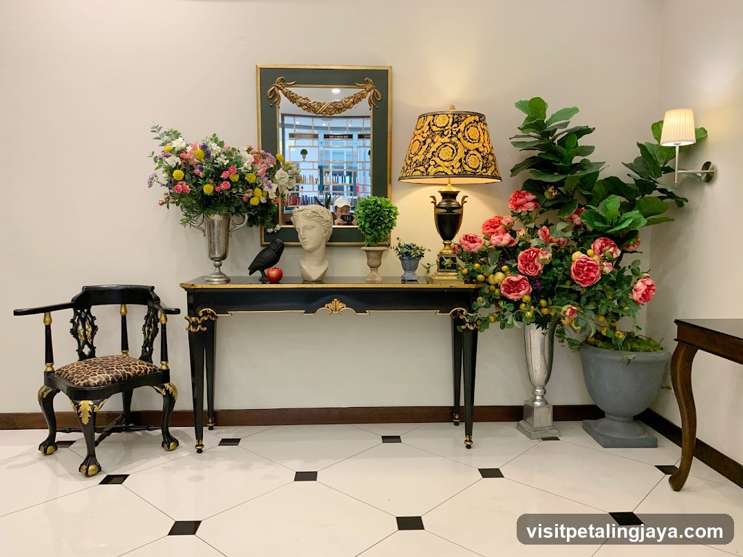 Decorated Interior Corner with Floral Arrangements and Antique Furniture