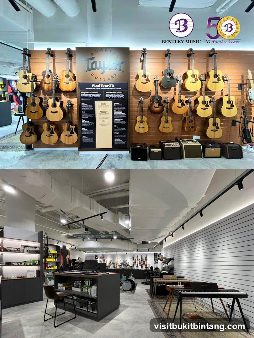 Music Store Interior with Guitars and Keyboards