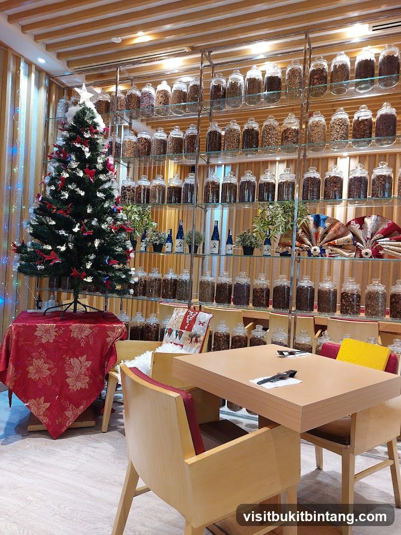 Interior of a shop with a Christmas tree and jars of ingredients