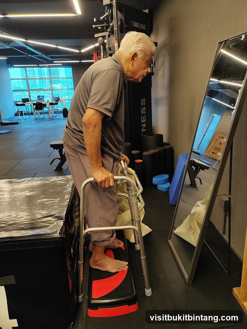 Elderly man using a walker during physical therapy
