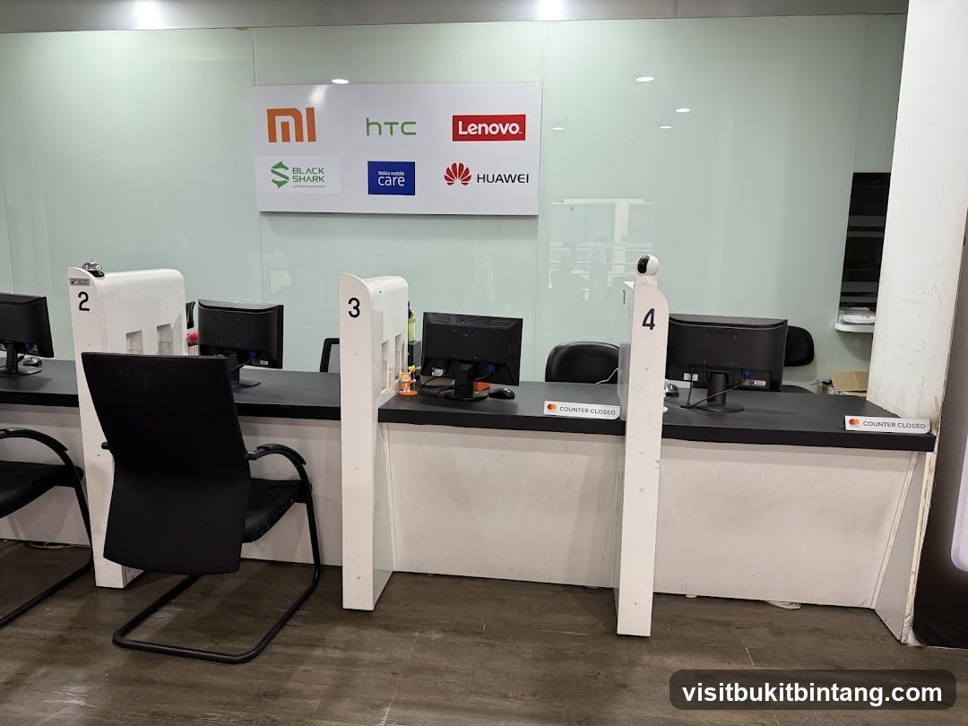 Service counters with brand logos