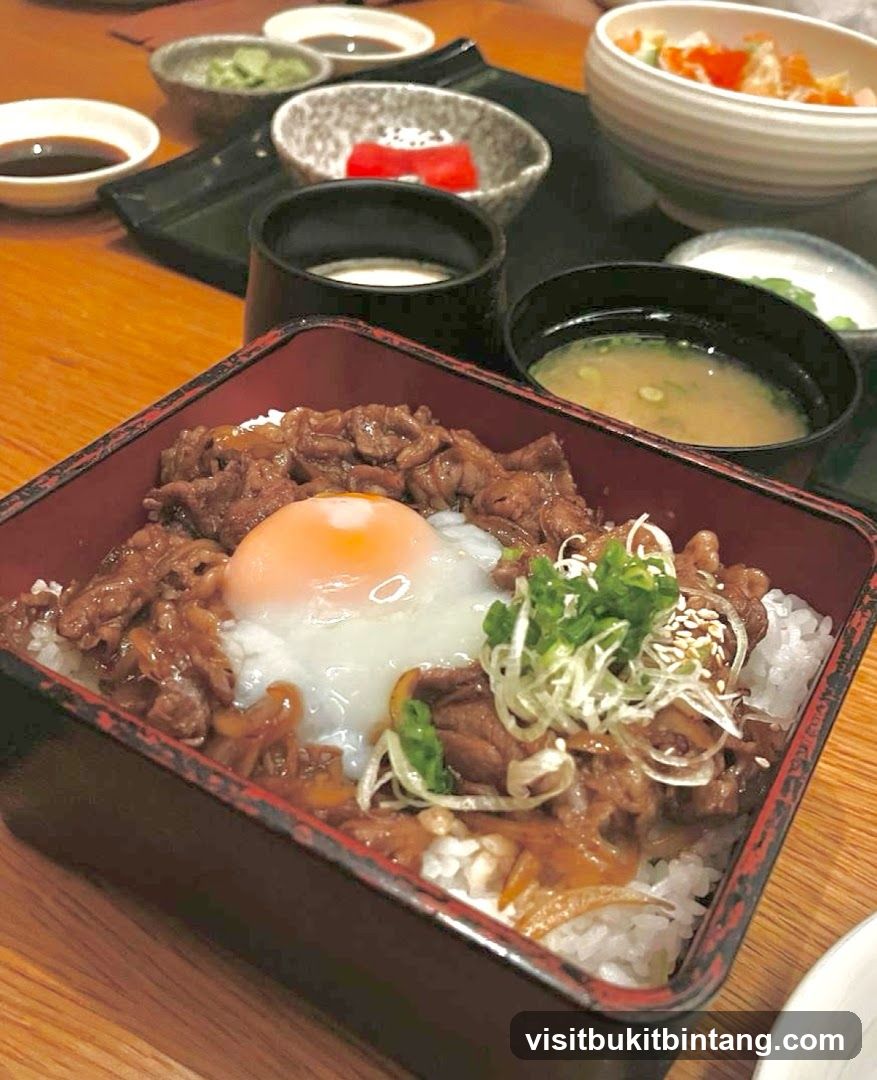 Beef Bowl with Egg and Sides