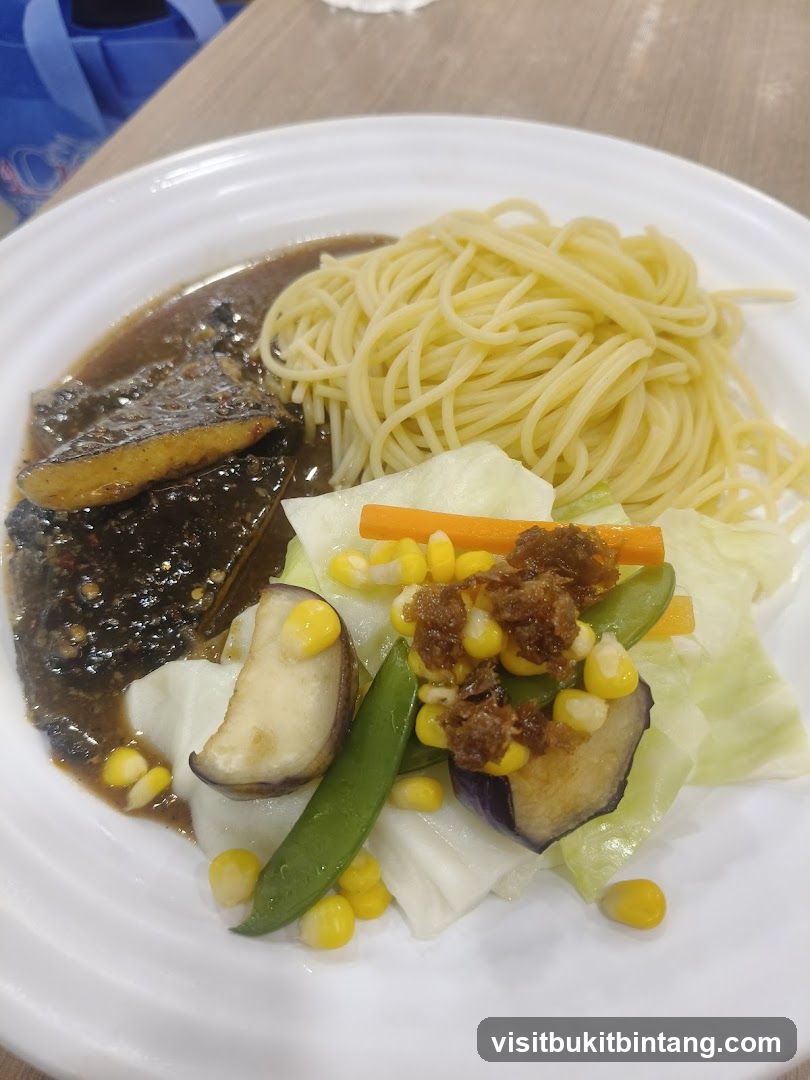 Steak with Spaghetti and Vegetables