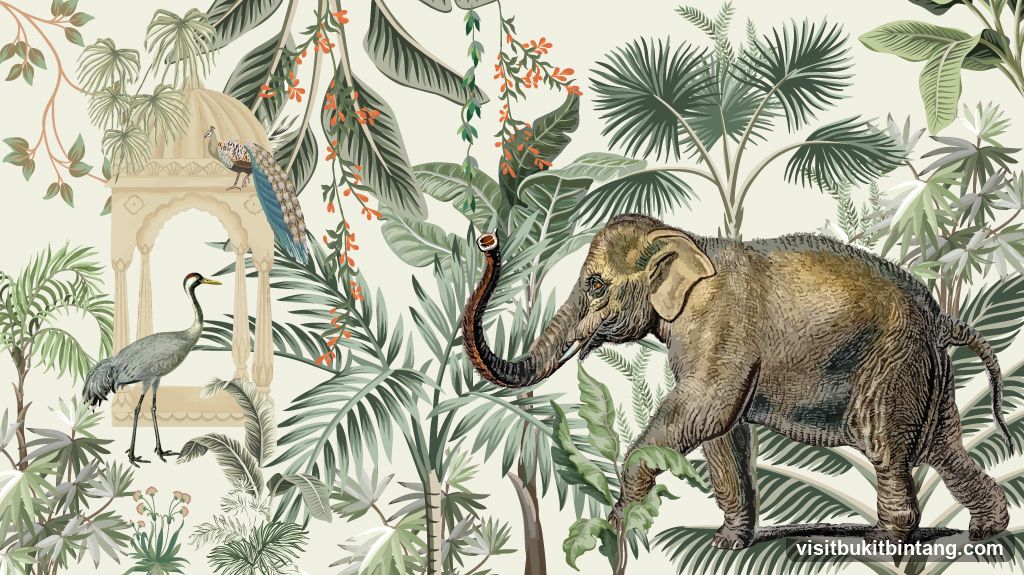 Jungle Scene with Elephant and Birds