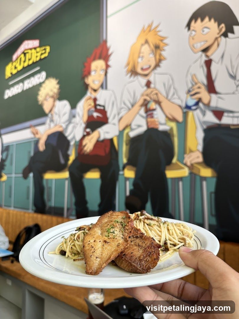 My Hero Academia themed dining interior with food plate in foreground