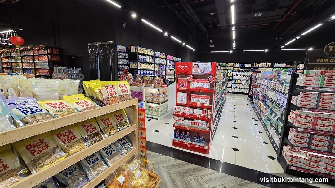 Supermarket aisle with snacks and oral care products