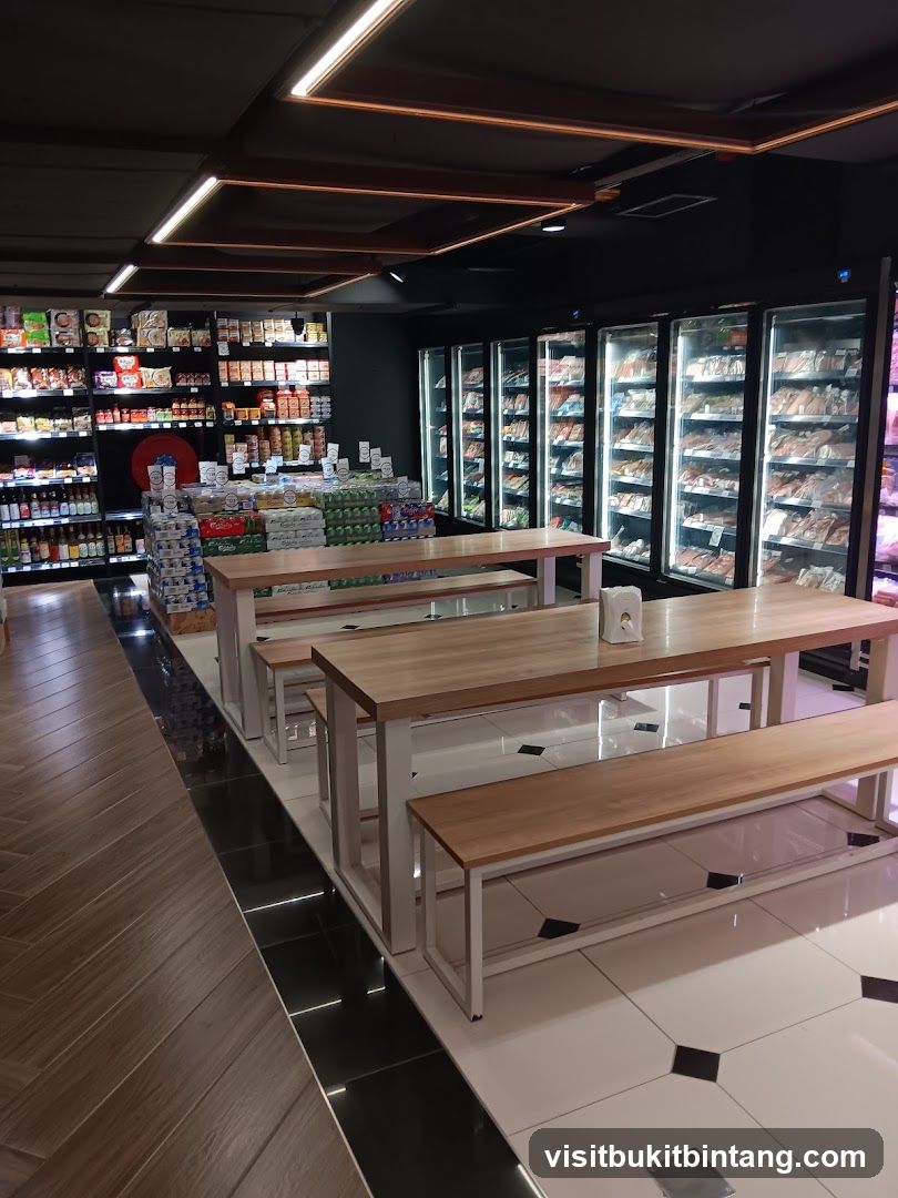 Butcher shop interior with seating area