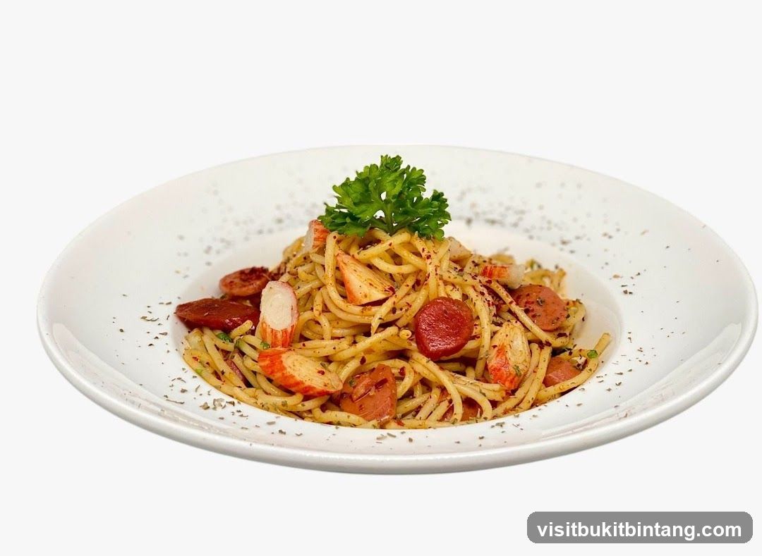 Spaghetti with Sausage and Crab Sticks
