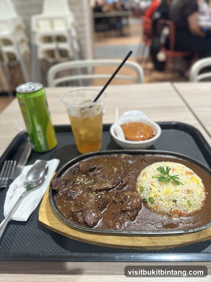 Sizzling Beef with Rice and Drink