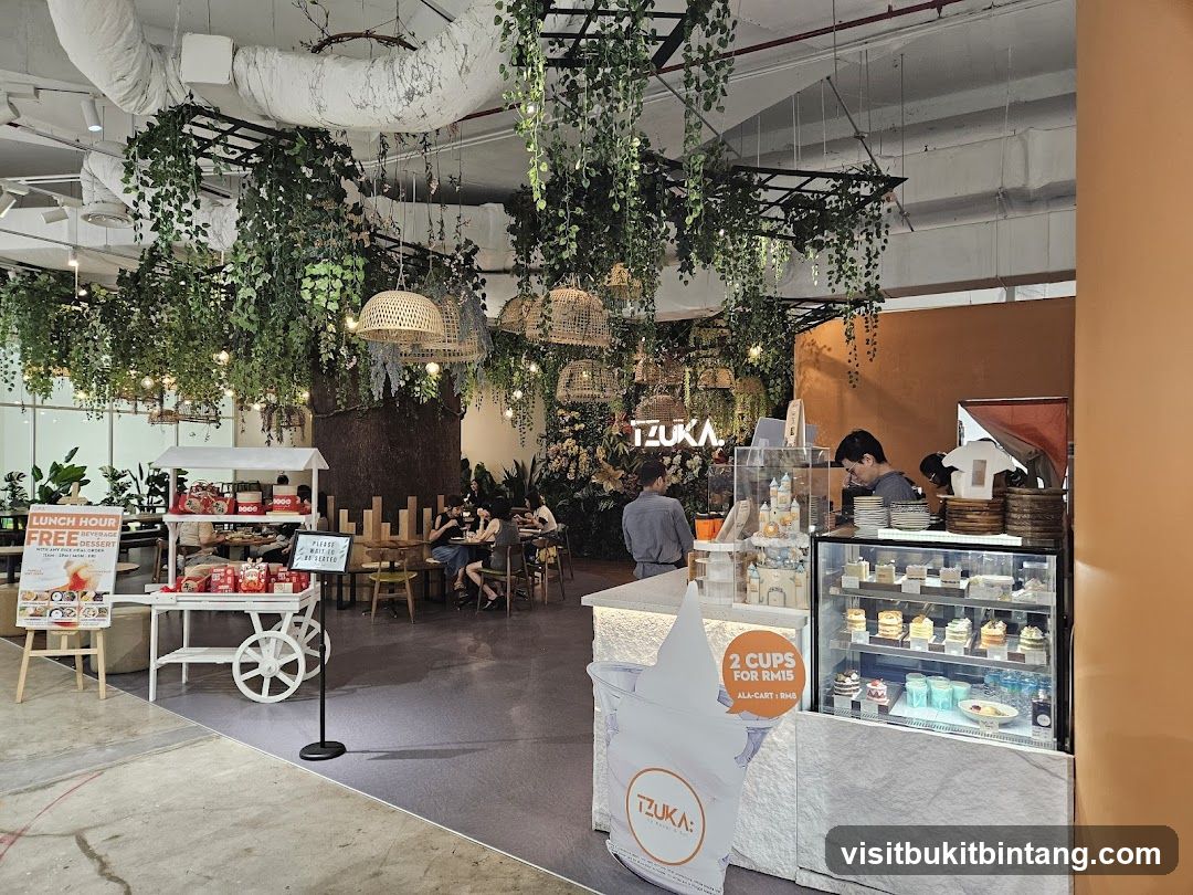Cafe Interior with Lush Greenery and Desserts