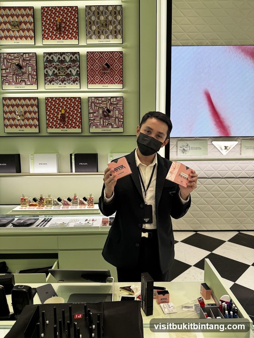 Man holding Prada products in a store