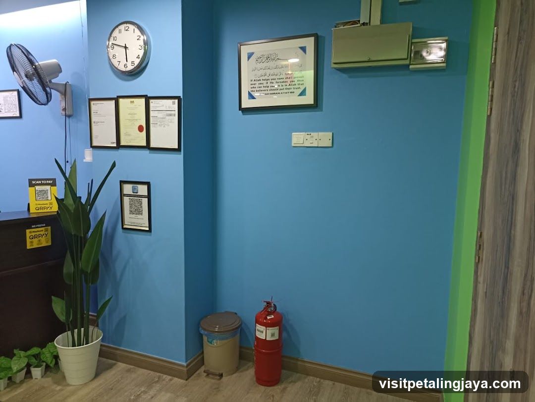 Blue Wall Interior with Certificates and Fire Extinguisher