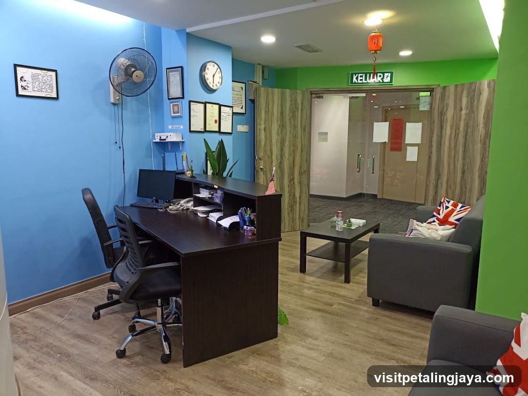 Office Interior with Reception Desk and Waiting Area