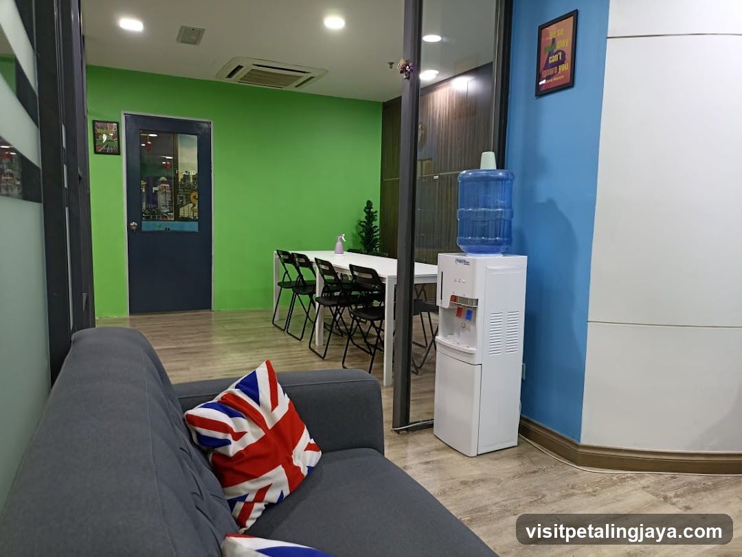 Interior Lounge Area with Water Dispenser and Dining Table
