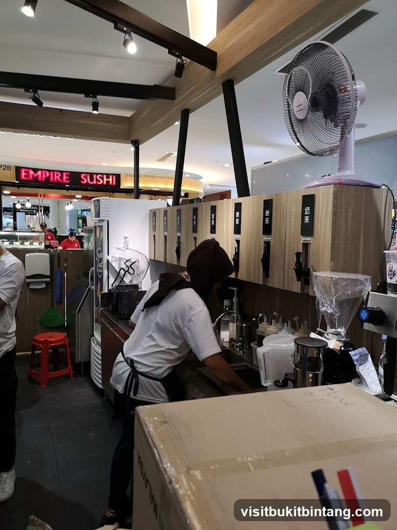 Tea dispensers and sushi counter