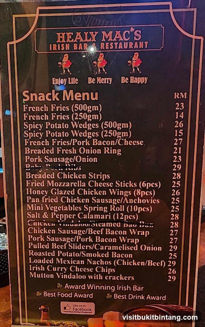 Healy Mac's Irish Bar Restaurant Snack Menu