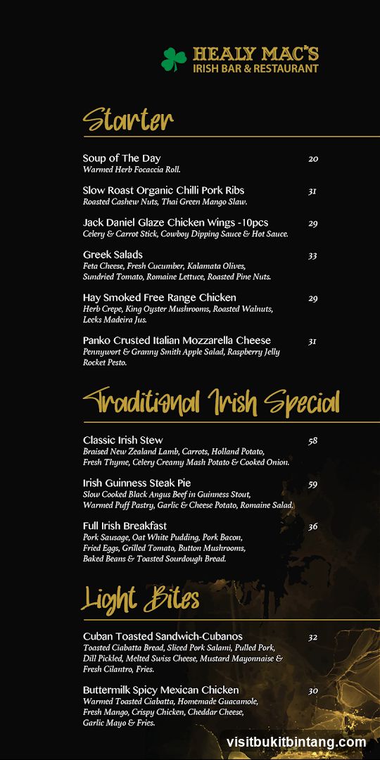 Healy Mac's Irish Bar & Restaurant Menu