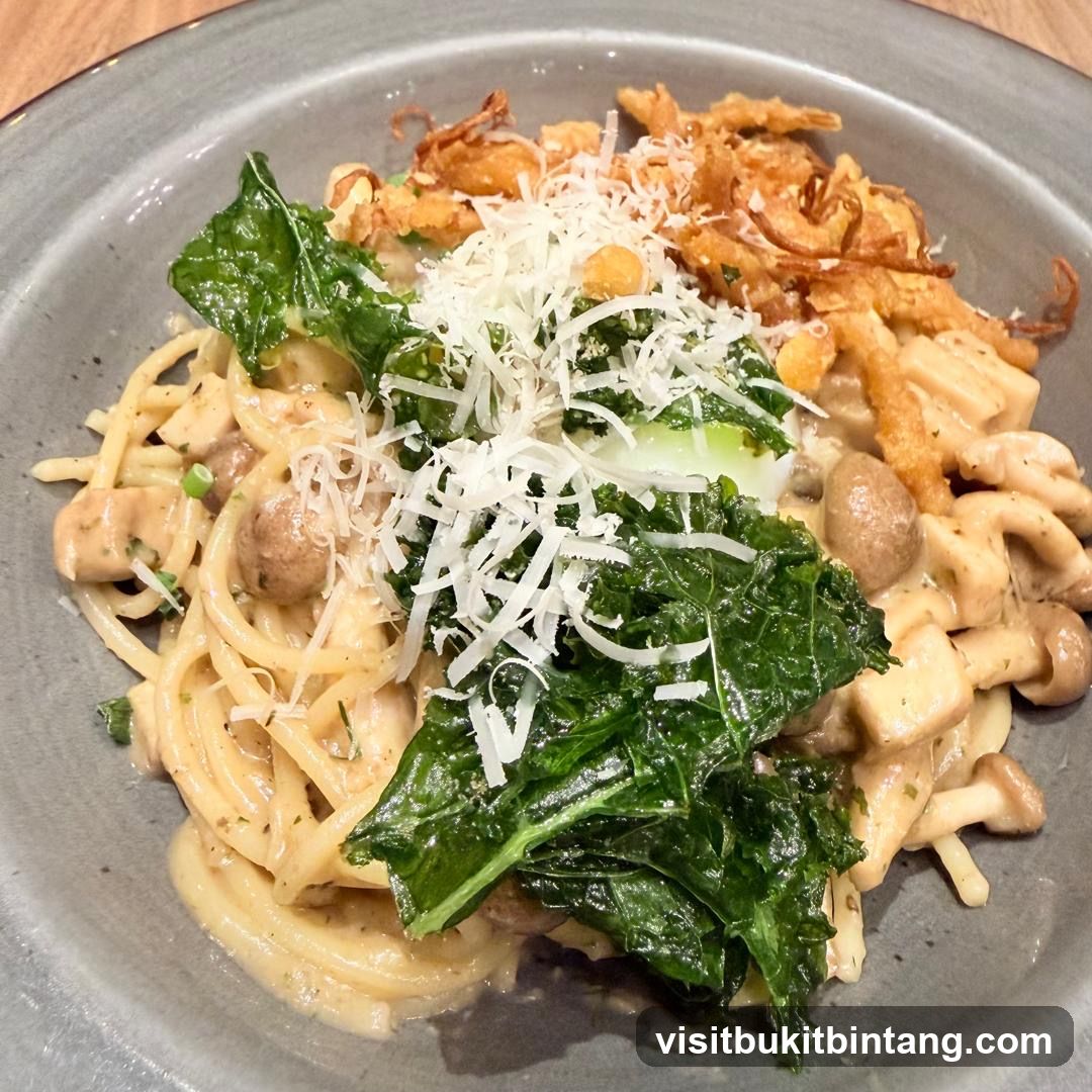 Mushroom Pasta with Kale and Crispy Onions