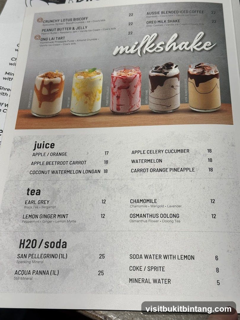 Milkshake, Juice, Tea, and H20/Soda Menu