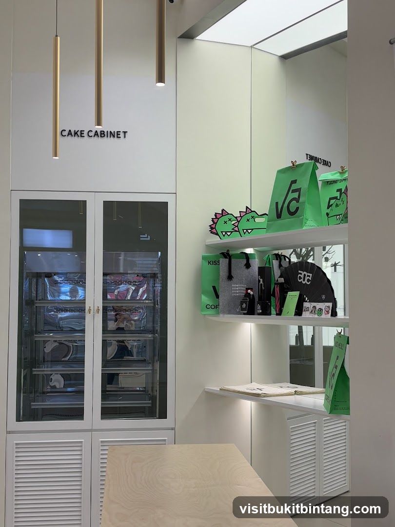 Interior of a modern cafe with a cake cabinet