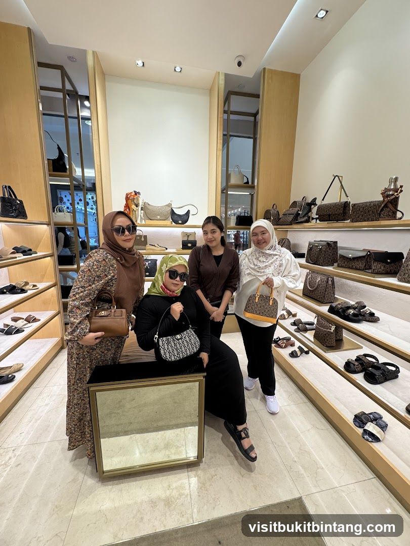 Four women posing in a handbag store
