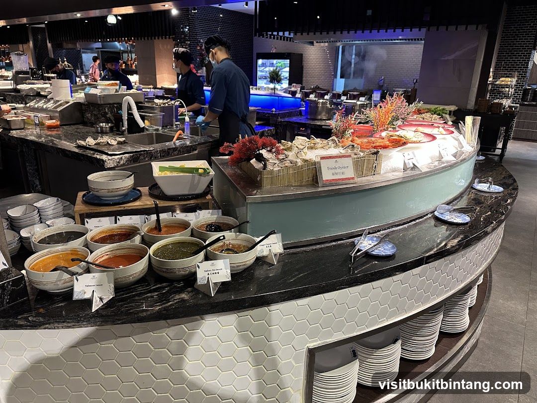 Buffet Display with Sauces and Seafood