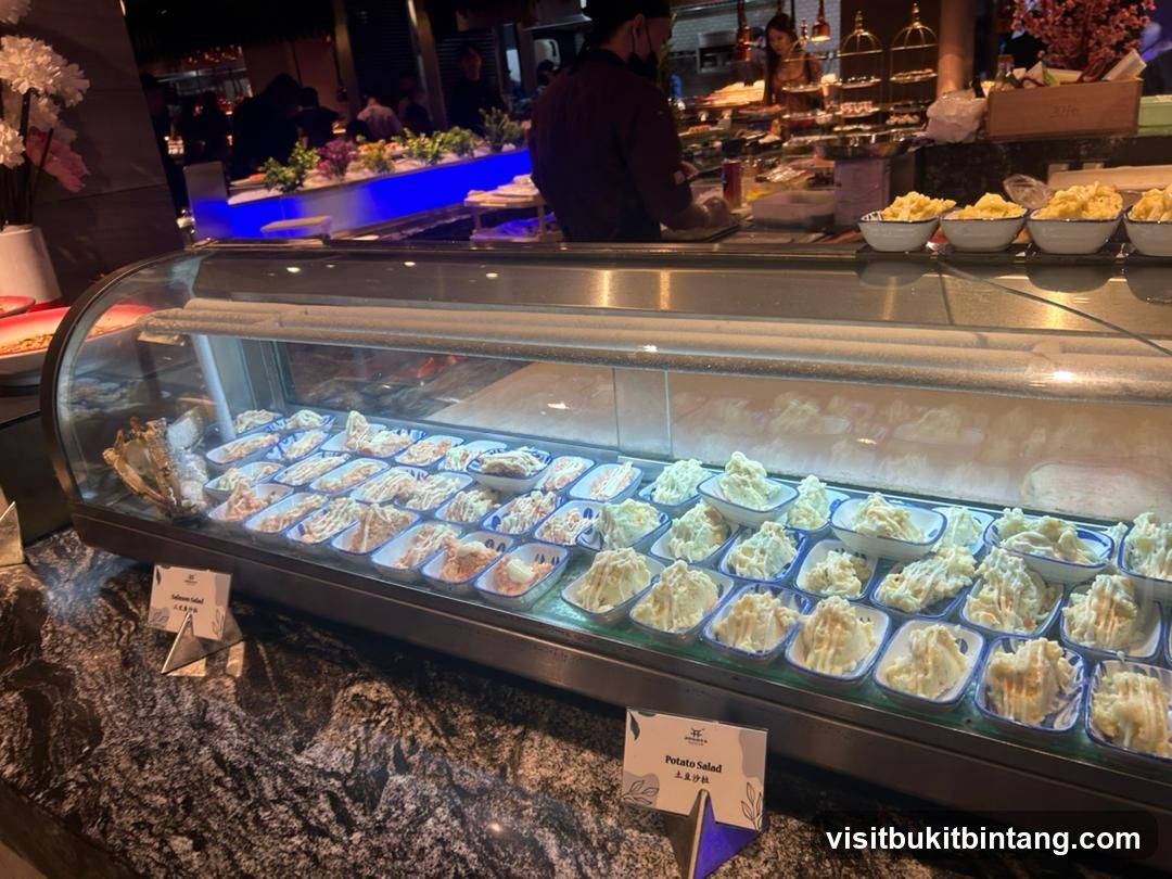 Buffet Display with Potato Salad and Salmon Salad