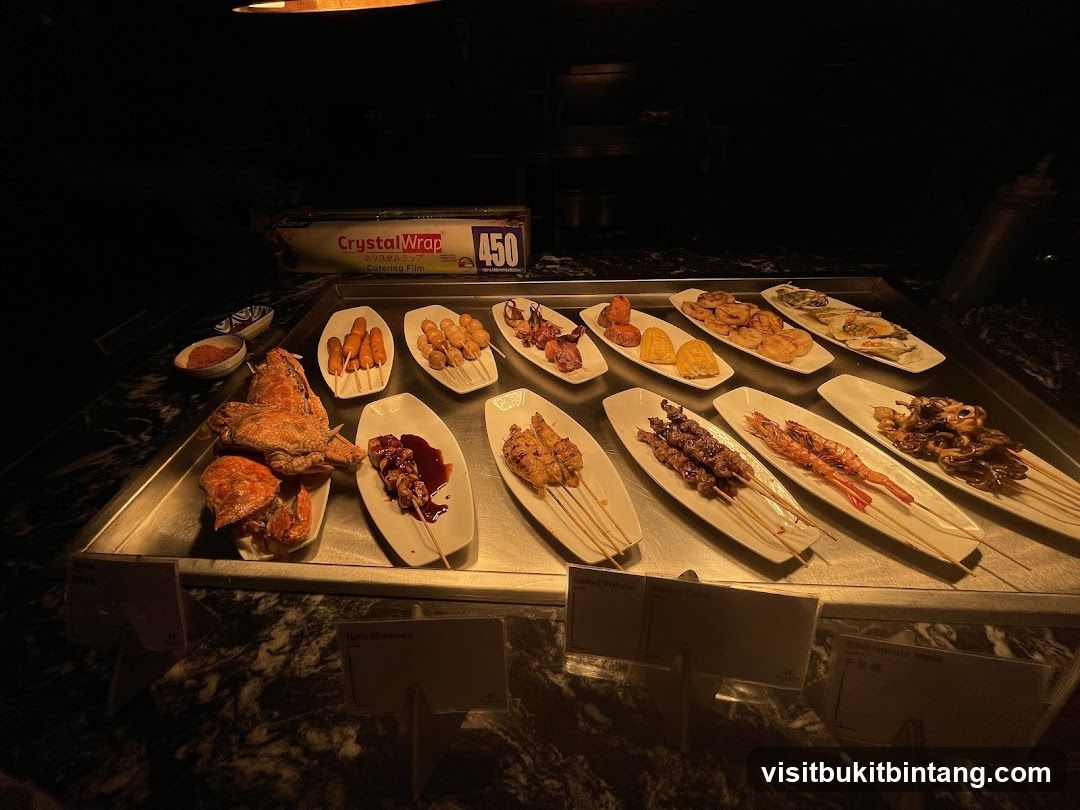 Buffet Display of Seafood and Skewers