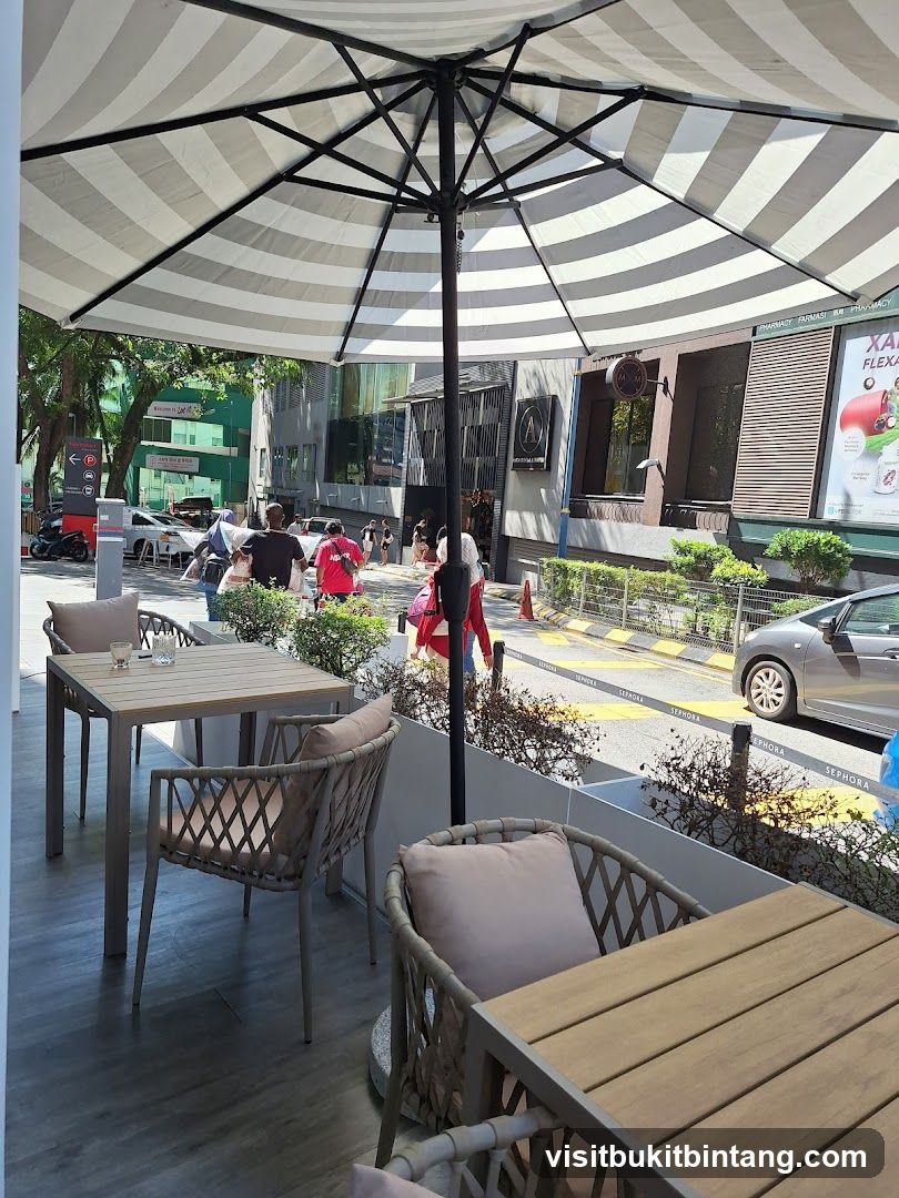 Outdoor cafe seating with street view