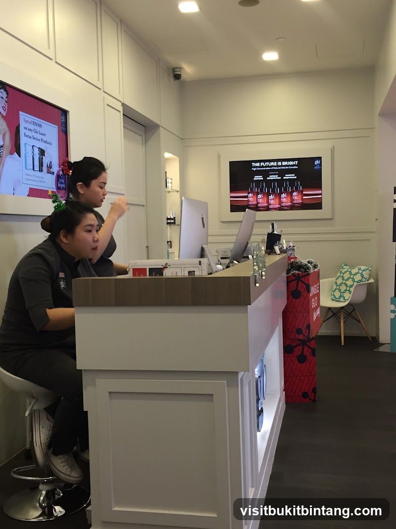 Cosmetics store counter with staff