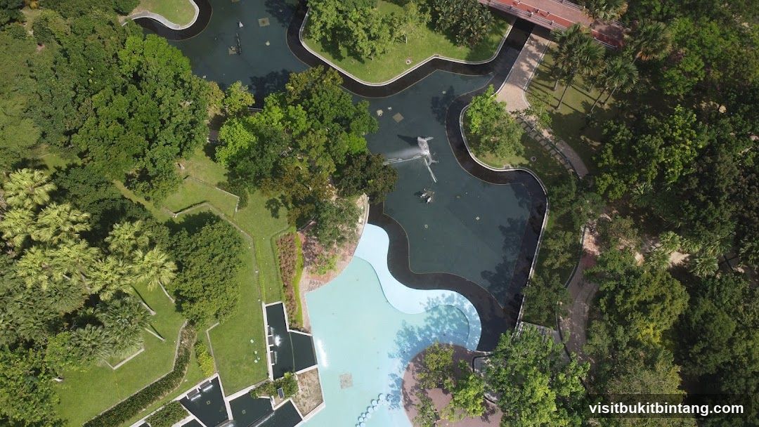Aerial view of a park with water features and lush greenery
