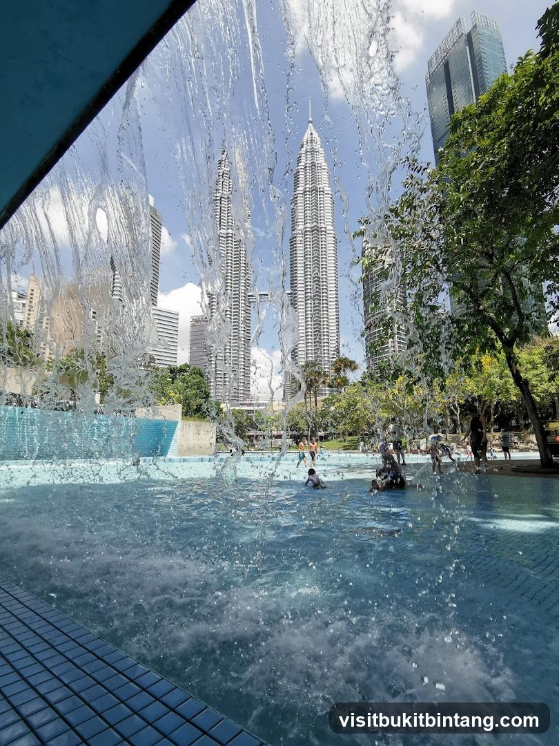 People swimming in a pool with skyscrapers in the background