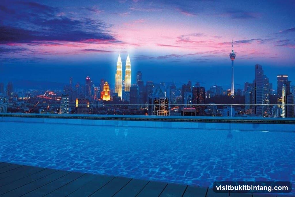 Rooftop Pool with City Skyline at Dusk