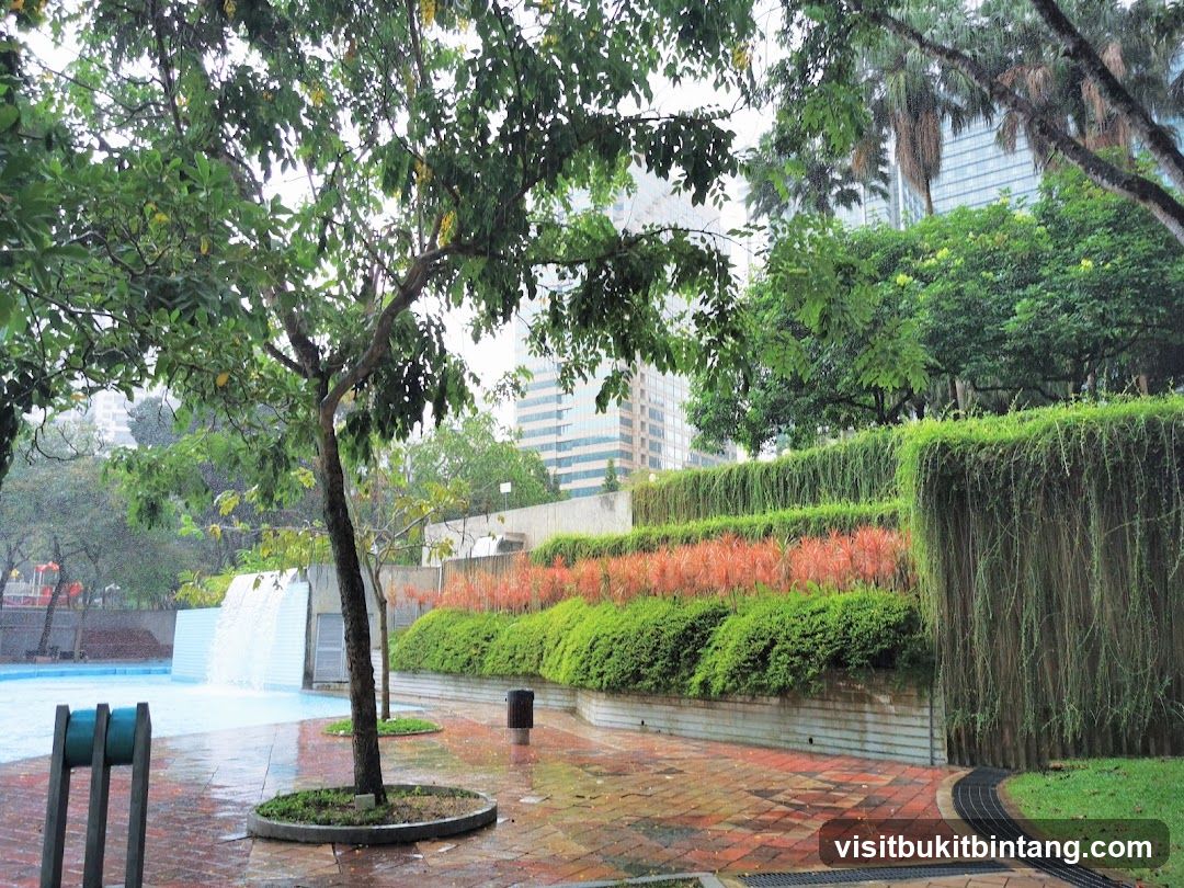 Park with Waterfall and Lush Greenery
