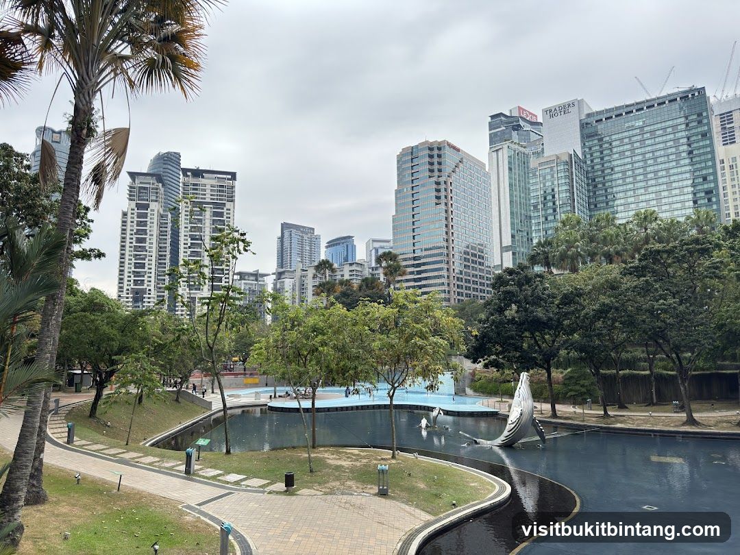 City Park with Fountain and Skyscrapers
